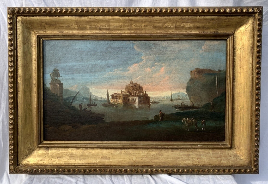 Giuseppe Bernardino Bison (XVIII) - Paesaggio fantastico con cittadella e statua equestre.-photo-1