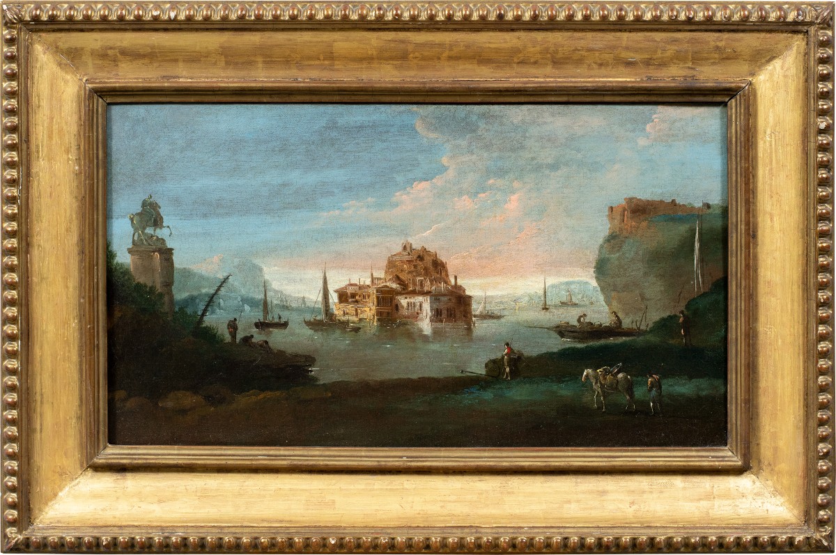 Giuseppe Bernardino Bison (XVIII) - Paesaggio fantastico con cittadella e statua equestre.