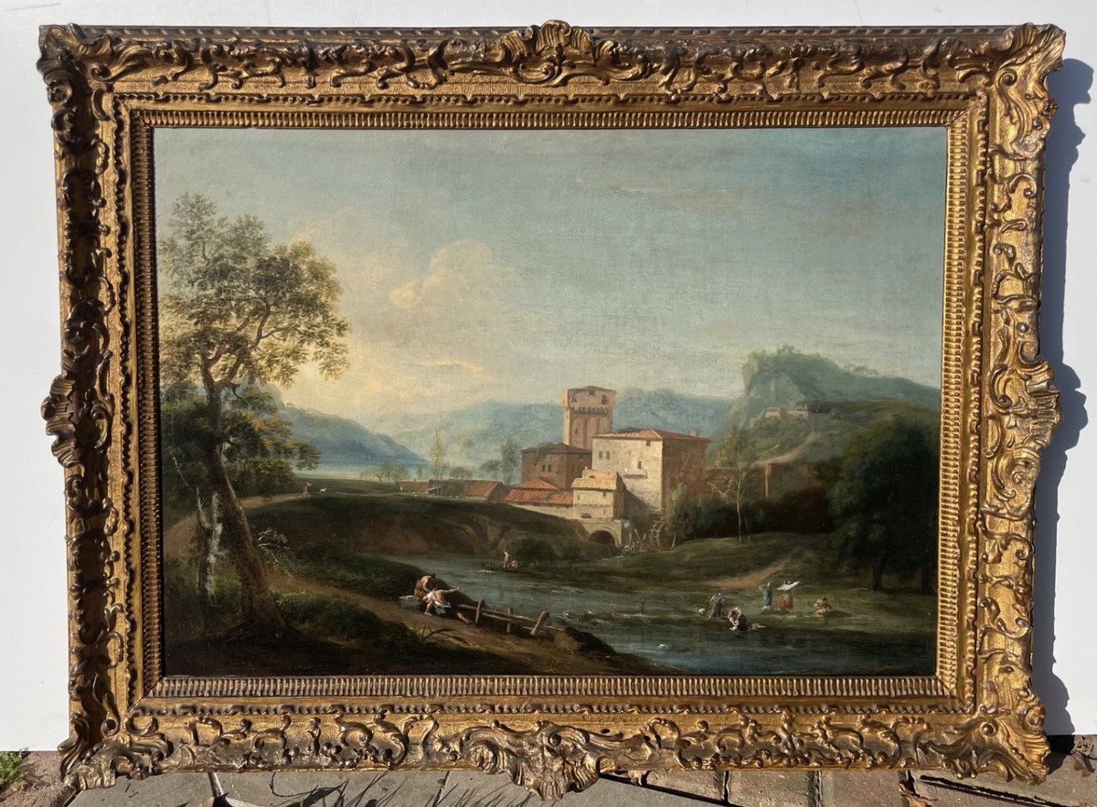 Marco Ricci (Belluno 1676 - Venezia 1730) - Paesaggio idillico con fiume e mulino.-photo-1
