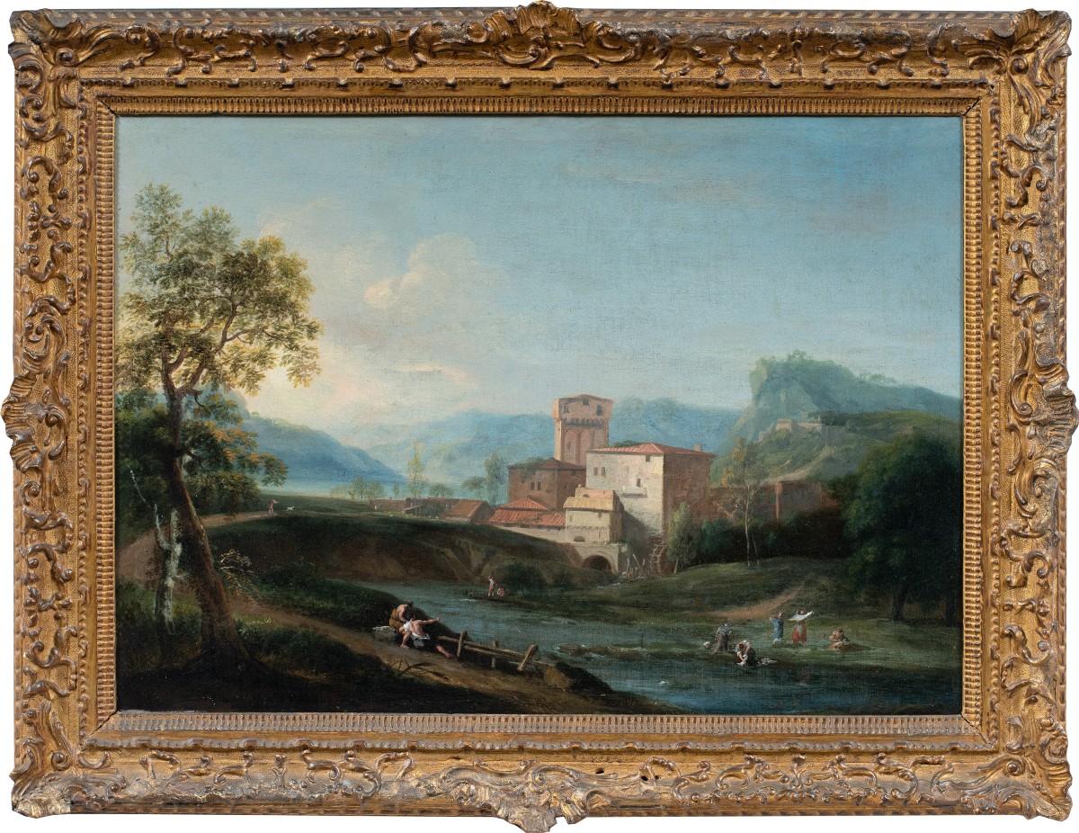 Marco Ricci (Belluno 1676 - Venezia 1730) - Paesaggio idillico con fiume e mulino.