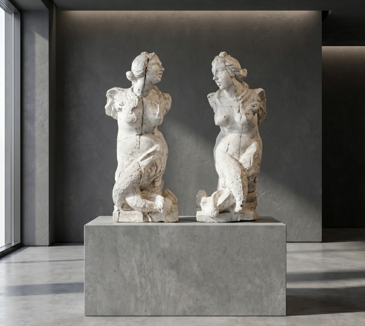 Scultore italiano (XVII secolo) - Coppia di sirene alate bicaudate.-photo-1