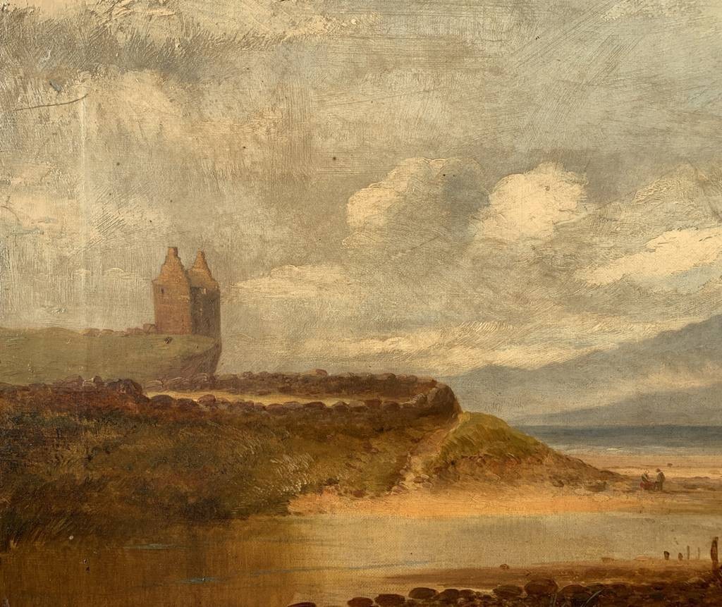 Pittore inglese (fine XIX sec.) - Paesaggio costiero con castello e pescatore.-photo-1
