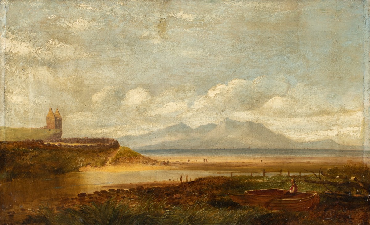 Pittore inglese (fine XIX sec.) - Paesaggio costiero con castello e pescatore.
