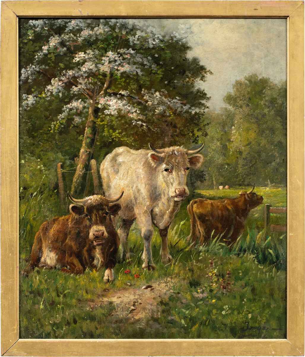 Pittore europeo (fine XIX sec.) - Mucche al pascolo.