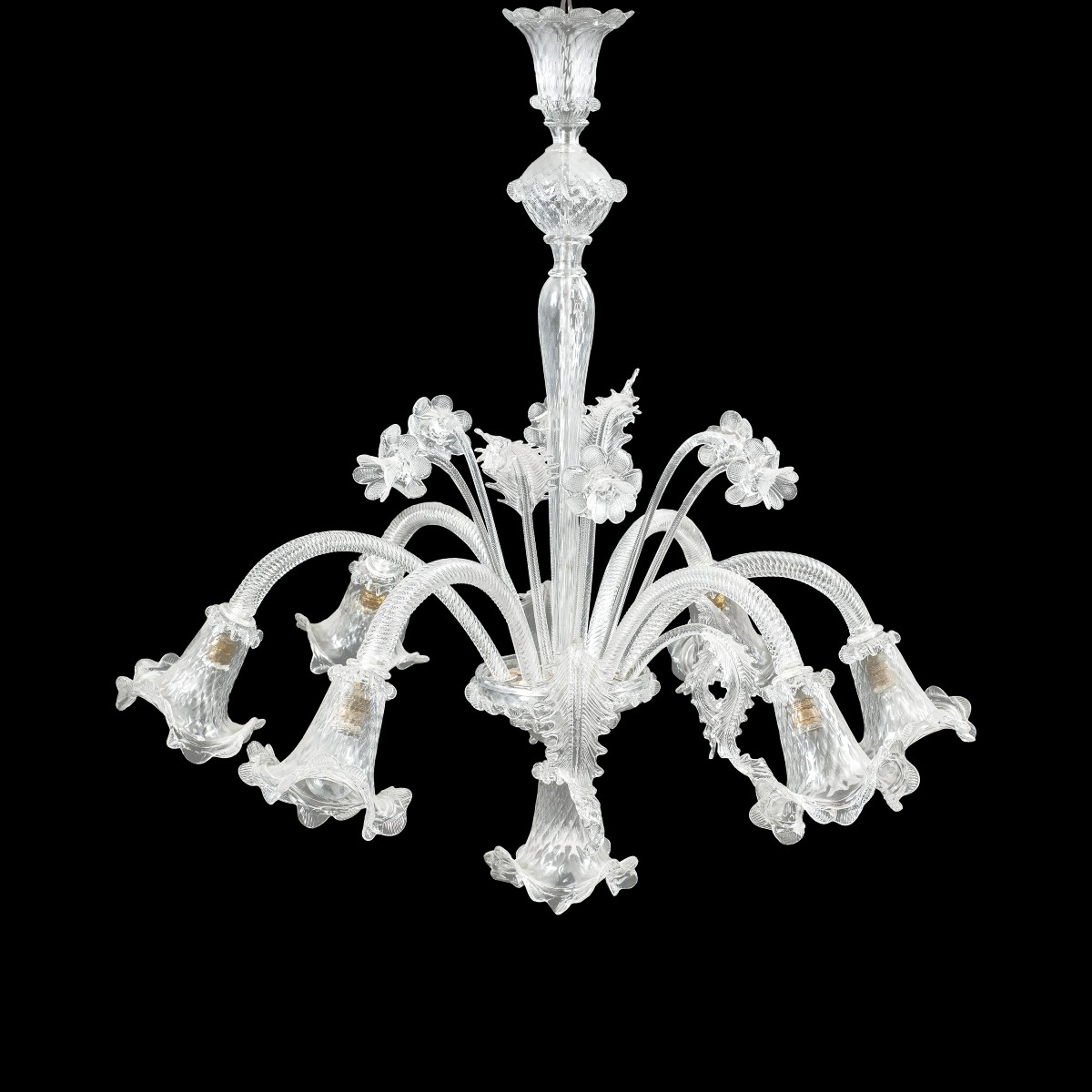 Lampadario "Ca' Venier" a sei luci in vetro soffiato di Murano. Italia, inizi XX secolo.