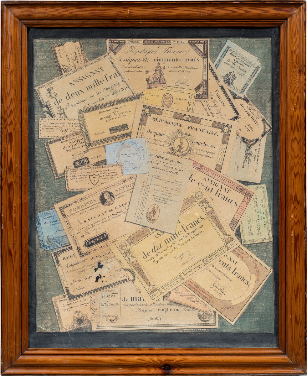 A.A. Lejeune (attivo nel XVIII secolo) attribuito - Trompe l'oeil con assignats e documenti.