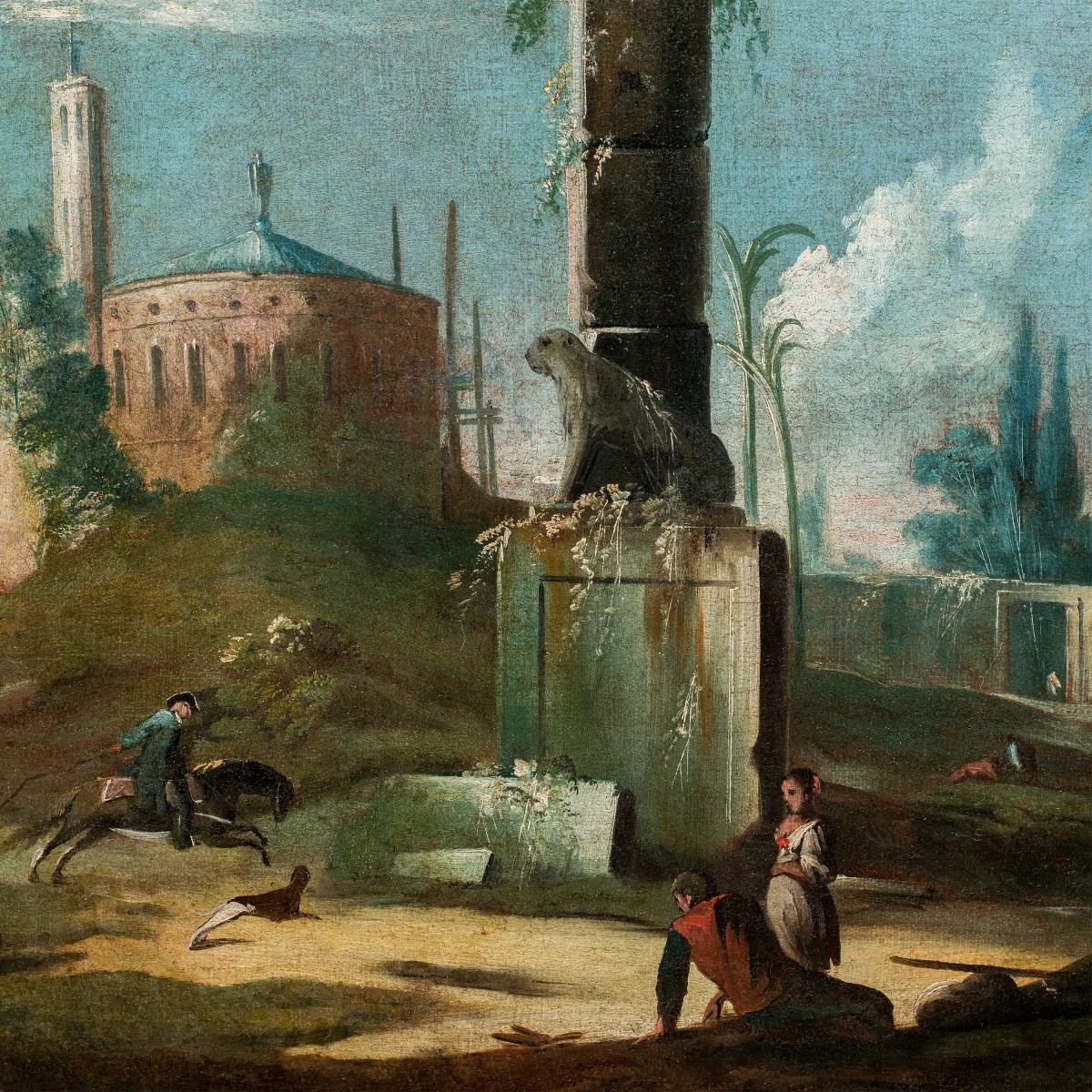 Pittore veneziano (XVIII sec.) - Capriccio architettonico con rovine classiche e leone araldico-photo-2