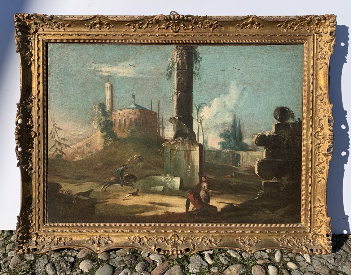 Pittore veneziano (XVIII sec.) - Capriccio architettonico con rovine classiche e leone araldico-photo-1