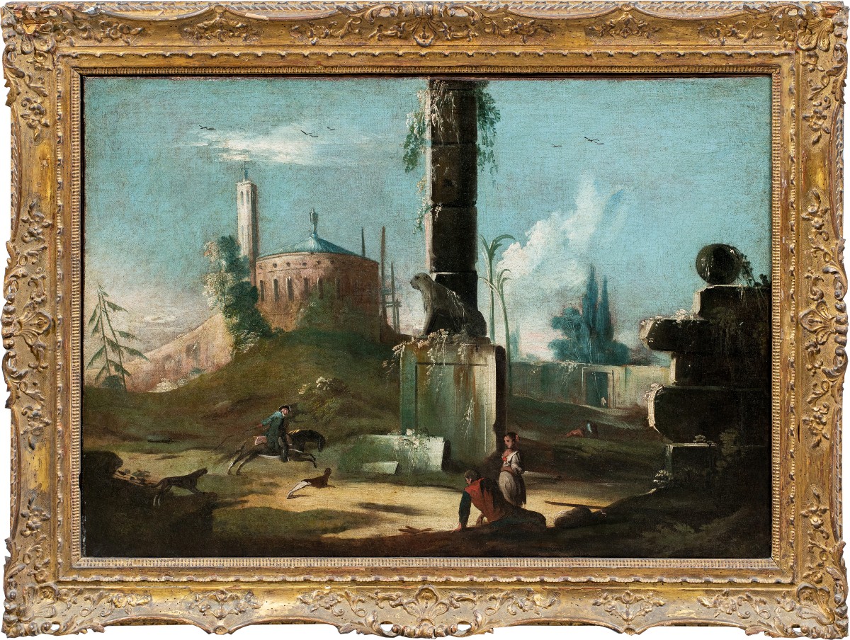 Pittore veneziano (XVIII sec.) - Capriccio architettonico con rovine classiche e leone araldico