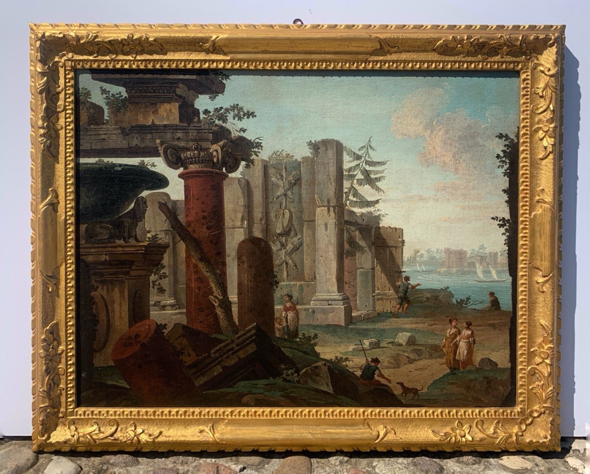 Antonio Joli (Modena 1700 - Napoli 1777) - Capriccio architettonico con rovine e figure.-photo-3