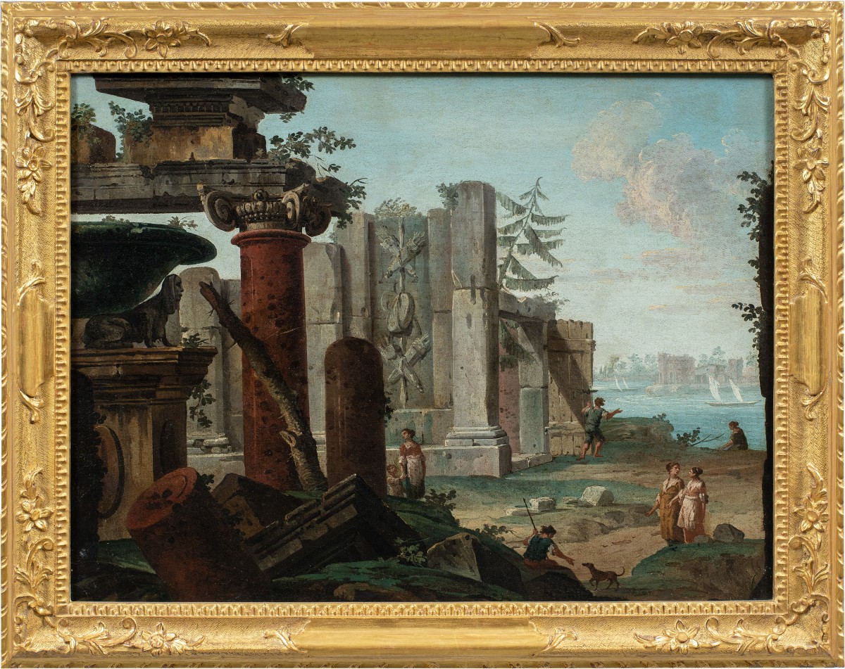 Antonio Joli (Modena 1700 - Napoli 1777) - Capriccio architettonico con rovine e figure.