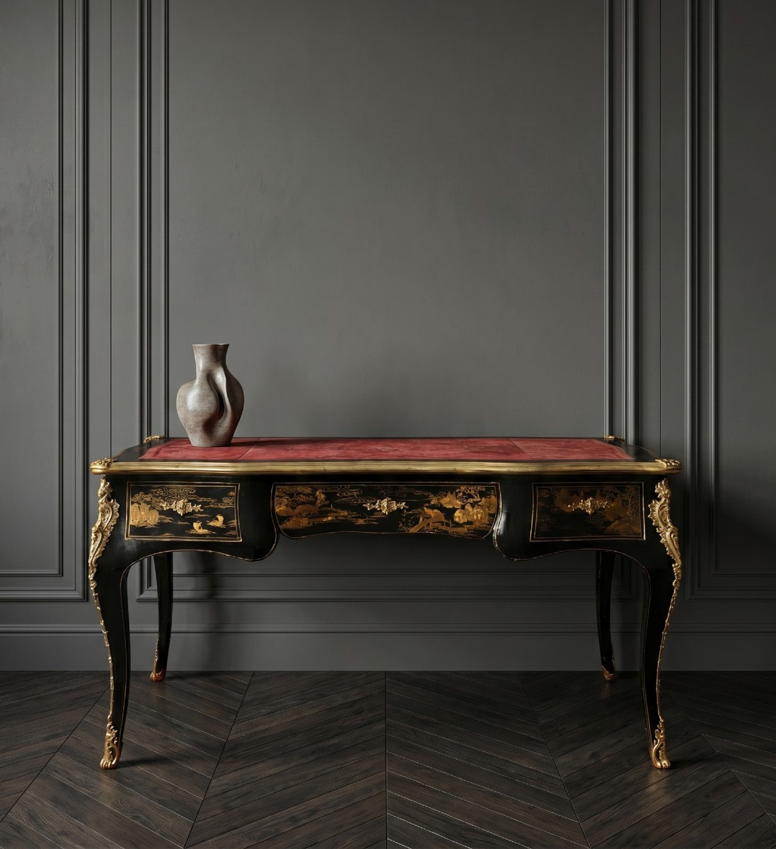 Scrivania Bureau Plat in legno laccato "a Chinoiserie" e applicazioni in bronzo dorato. XIX.-photo-3