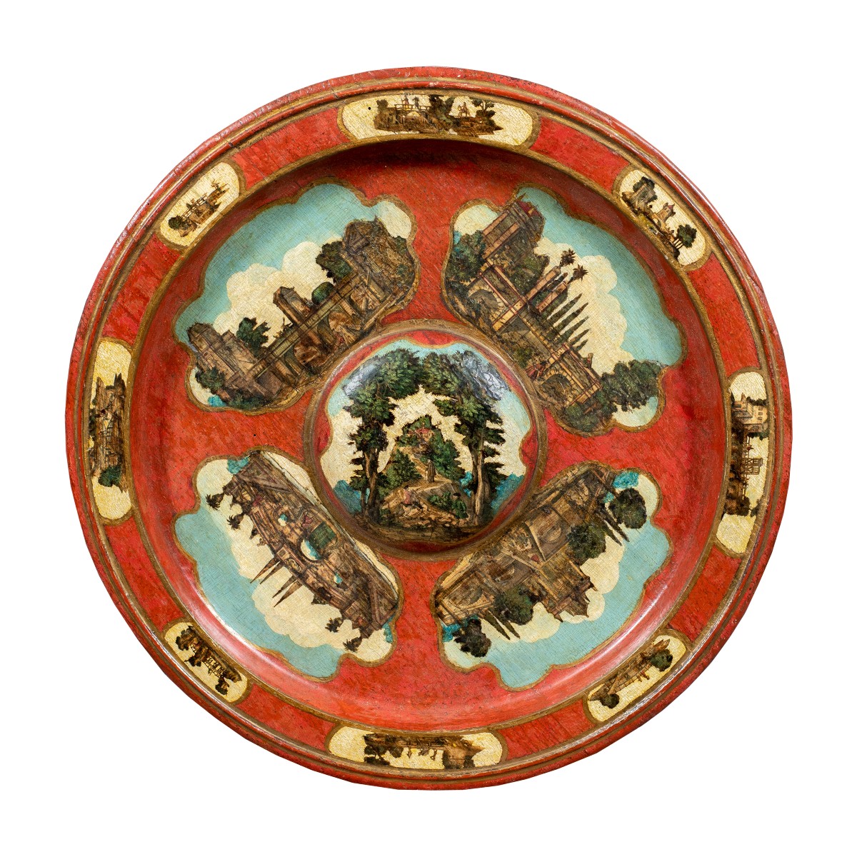 Piatto decorativo in legno laccato con applicazioni di stampine ad "Arte Povera". Torino, XVIII