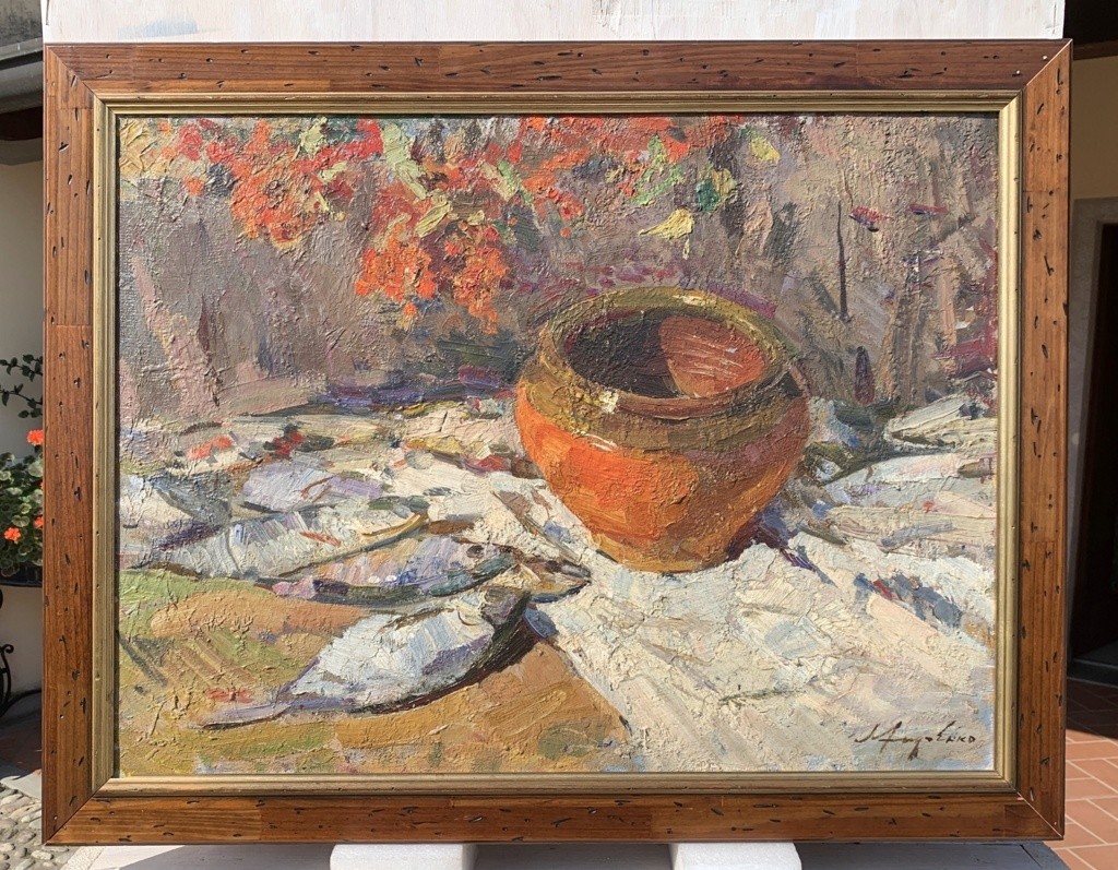 Lev Pavlovich Khodchenko (Shimanovka 1912 - 1998) - Natura morta di pesci e vaso.-photo-1
