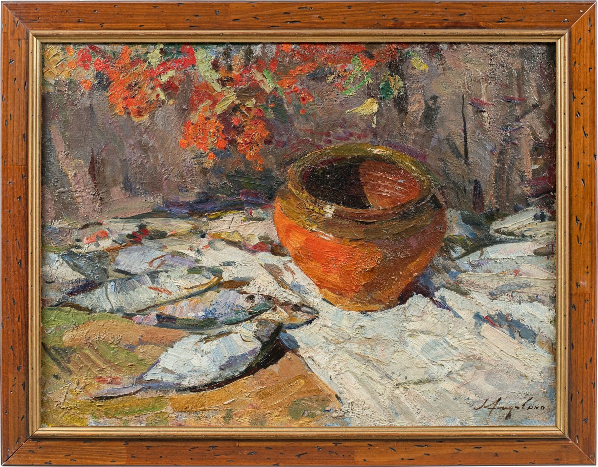 Lev Pavlovich Khodchenko (Shimanovka 1912 - 1998) - Natura morta di pesci e vaso.