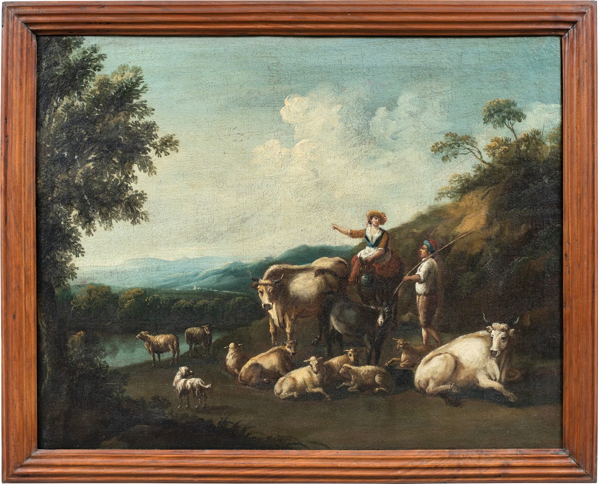 Pittore italiano (XVIII sec.) - Paesaggio campestre con pastori e gregge.