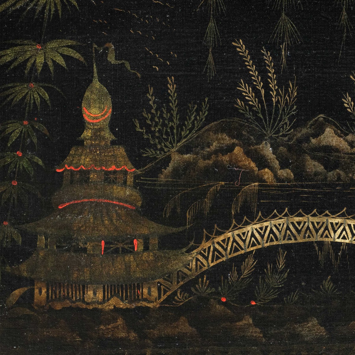 Pittore europeo alla maniera cinese (XVIII sec.) - Scena orientale con pagoda e ponte.-photo-2