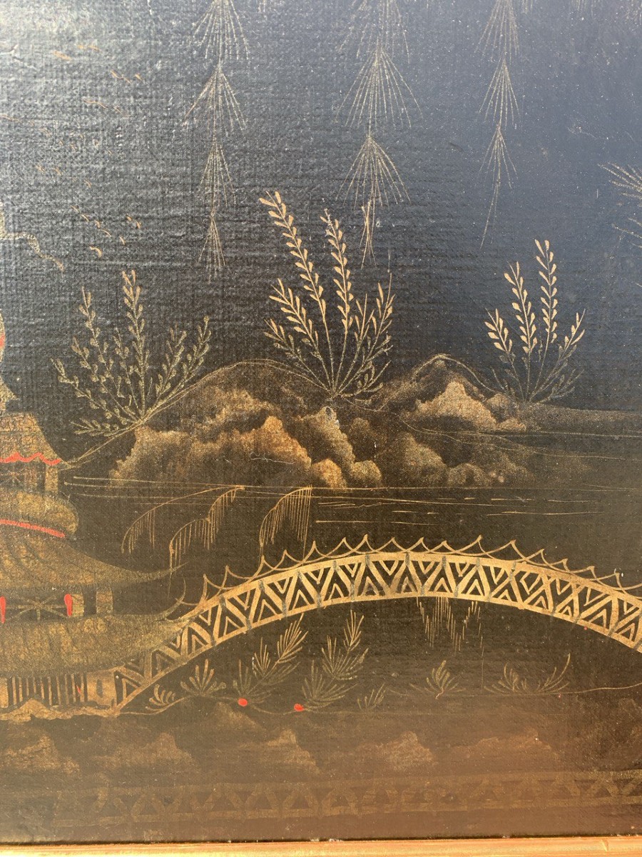 Pittore europeo alla maniera cinese (XVIII sec.) - Scena orientale con pagoda e ponte.-photo-2