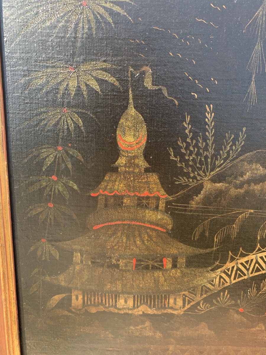 Pittore europeo alla maniera cinese (XVIII sec.) - Scena orientale con pagoda e ponte.-photo-3