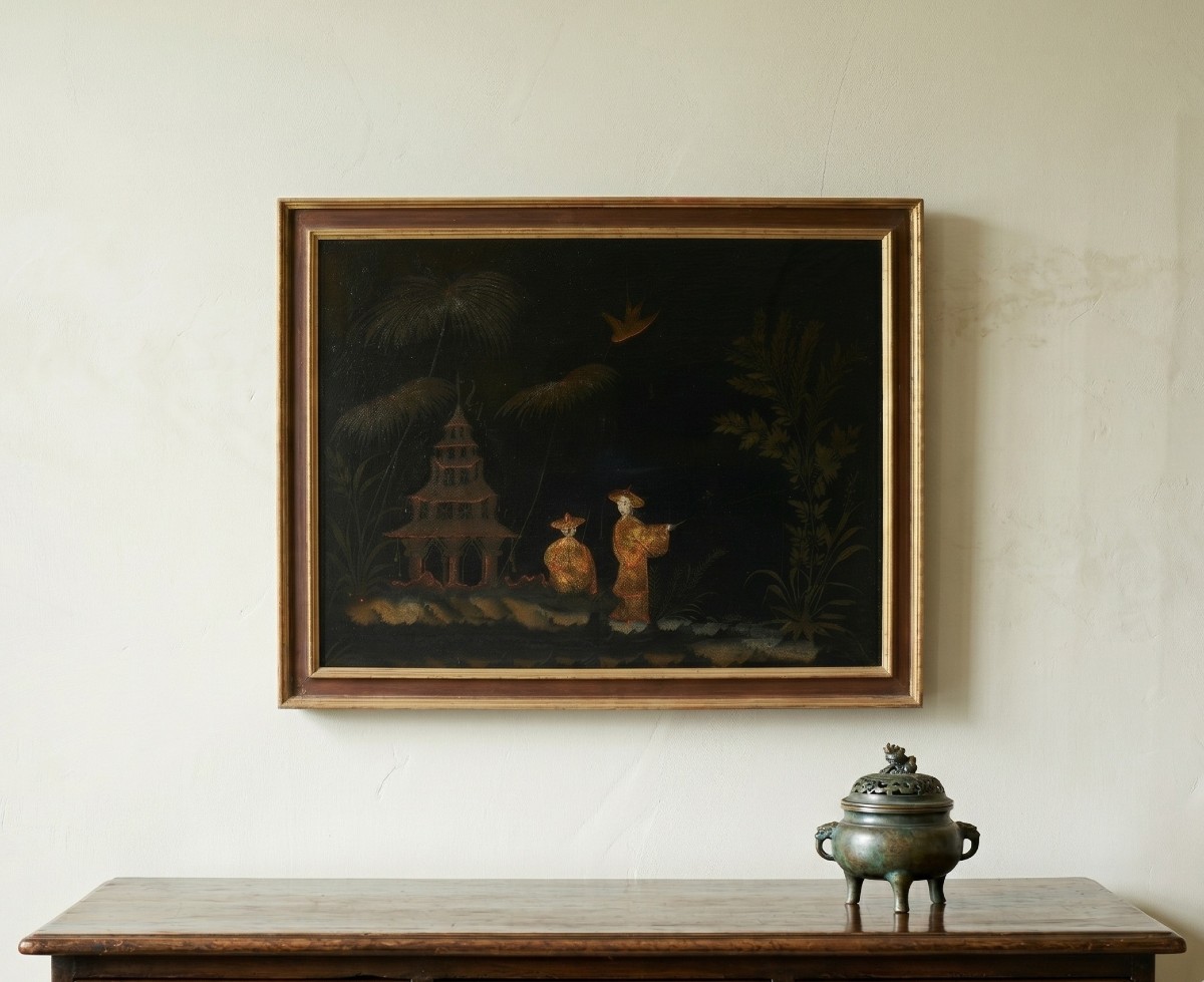 Pittore europeo alla maniera cinese (XVIII sec.) - Scena orientale con pagoda.-photo-4