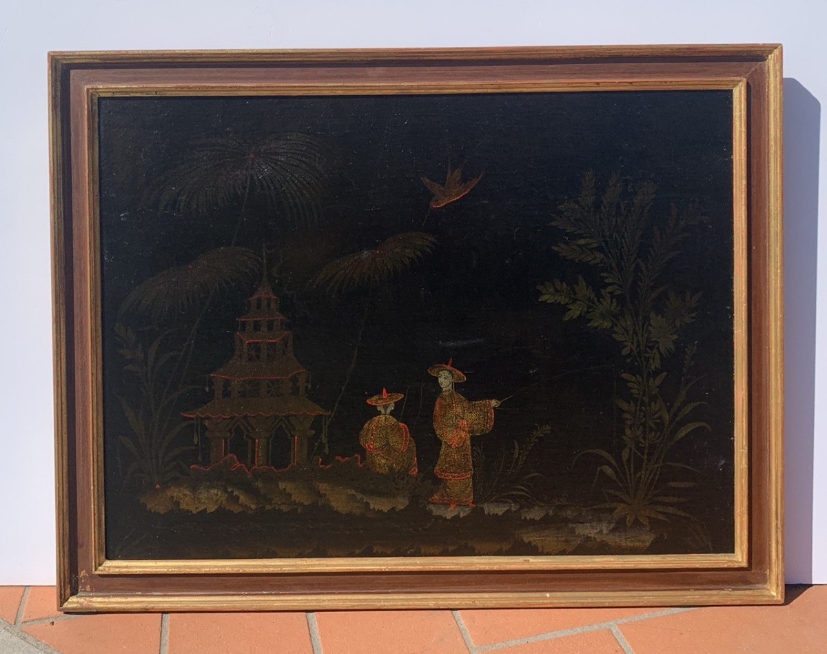 Pittore europeo alla maniera cinese (XVIII sec.) - Scena orientale con pagoda.-photo-1