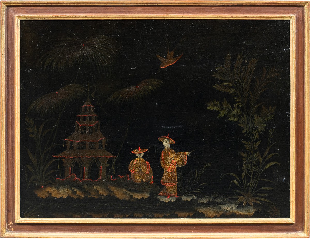 Pittore europeo alla maniera cinese (XVIII sec.) - Scena orientale con pagoda.