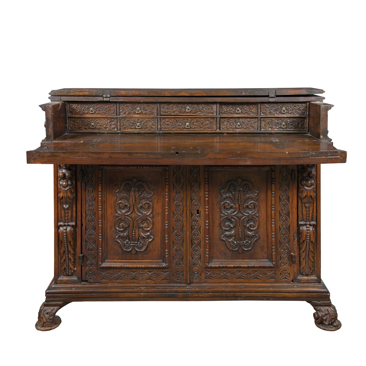 Credenza in noce intagliato con calatola. Italia, XVII secolo.-photo-2