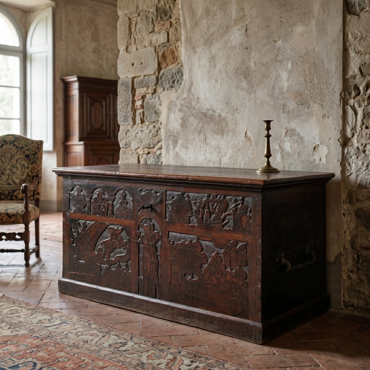 Cassapanca in noce scolpita e pirografata. Paesi Bassi, inizi XVII secolo.-photo-3