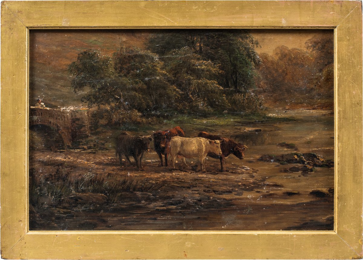 Pittore europeo (XIX sec.) - Tori al guado.