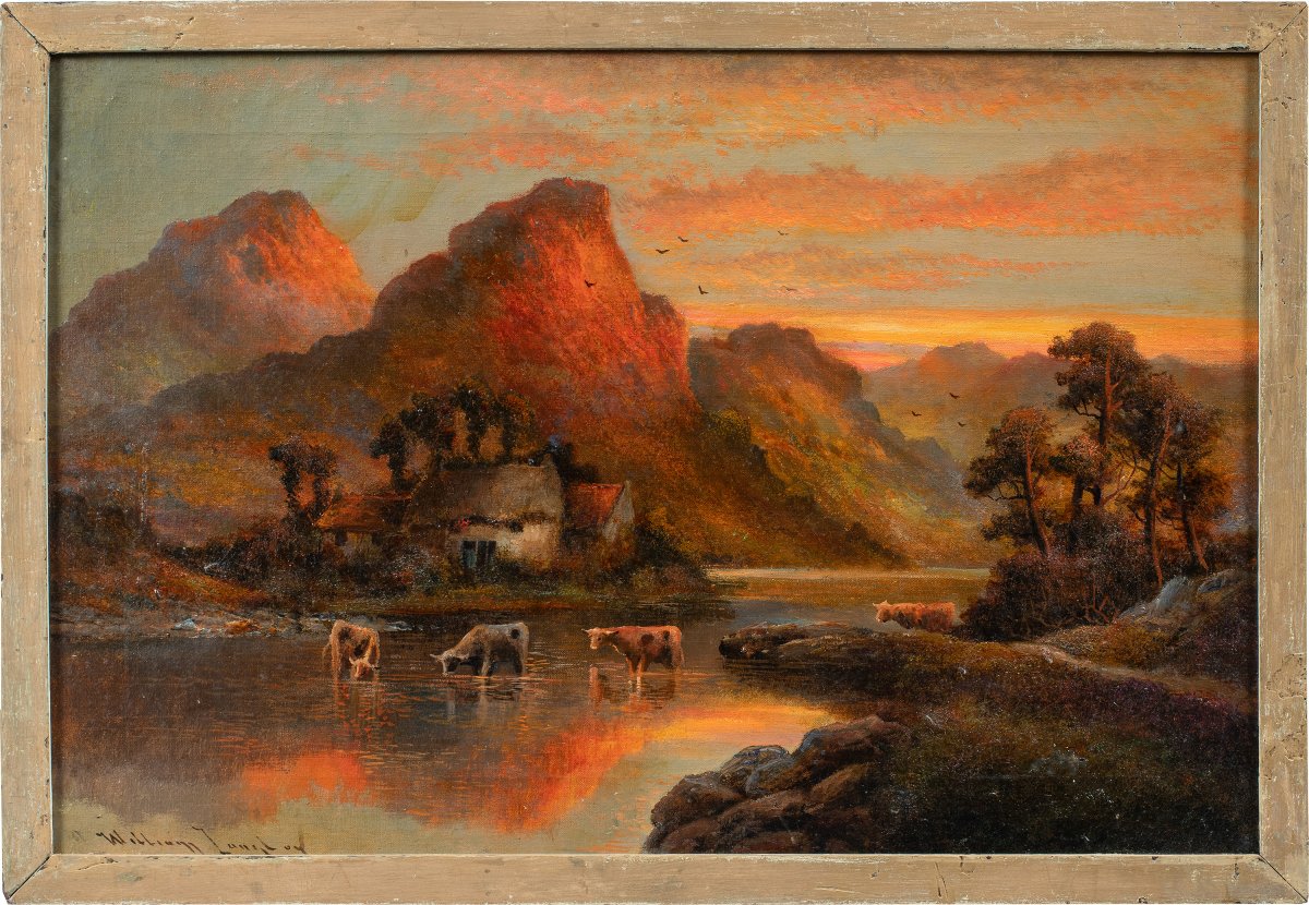 William Langton (British, fine XIX secolo) - Lago al tramonto.