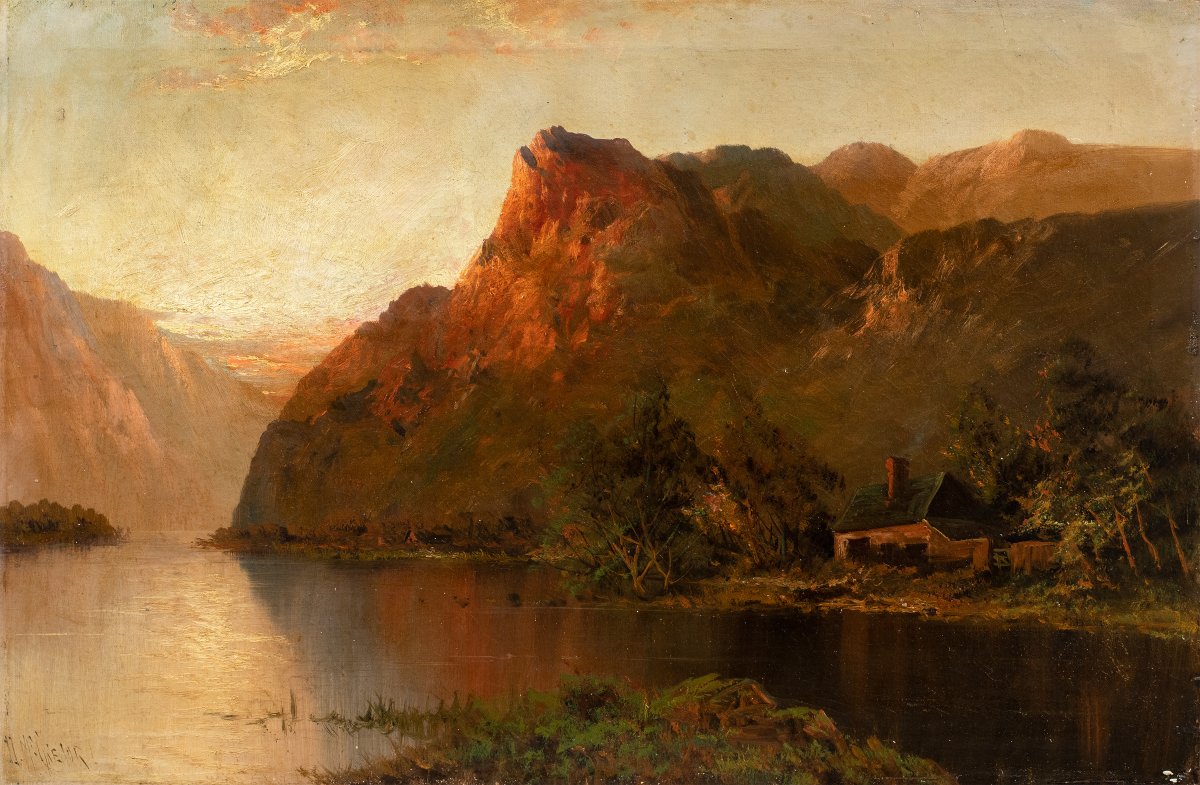 John MacWhirter RA (Slateford, Edimburgo 1839-Londra 1911) — Veduta di Loch Lomond al tramonto.