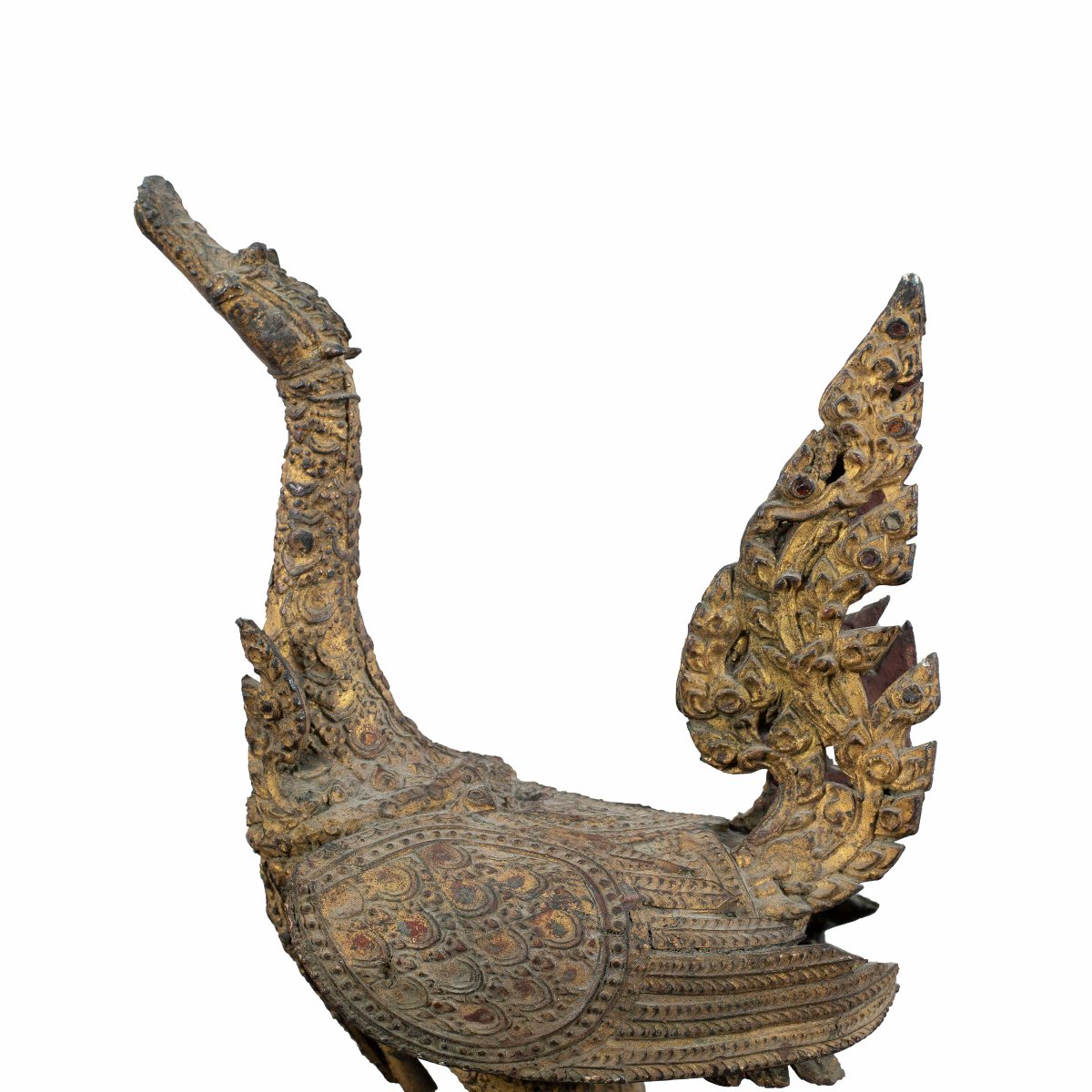 Coppia di uccelli templari thailandesi in bronzo dorato con campane. Thailandia, XIX secolo.-photo-2