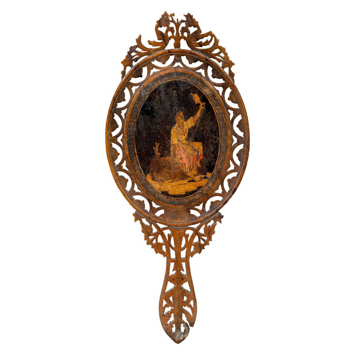 Specchio da mano in legno intagliato, intarsiato e pirografato. Sorrento, XIX secolo.