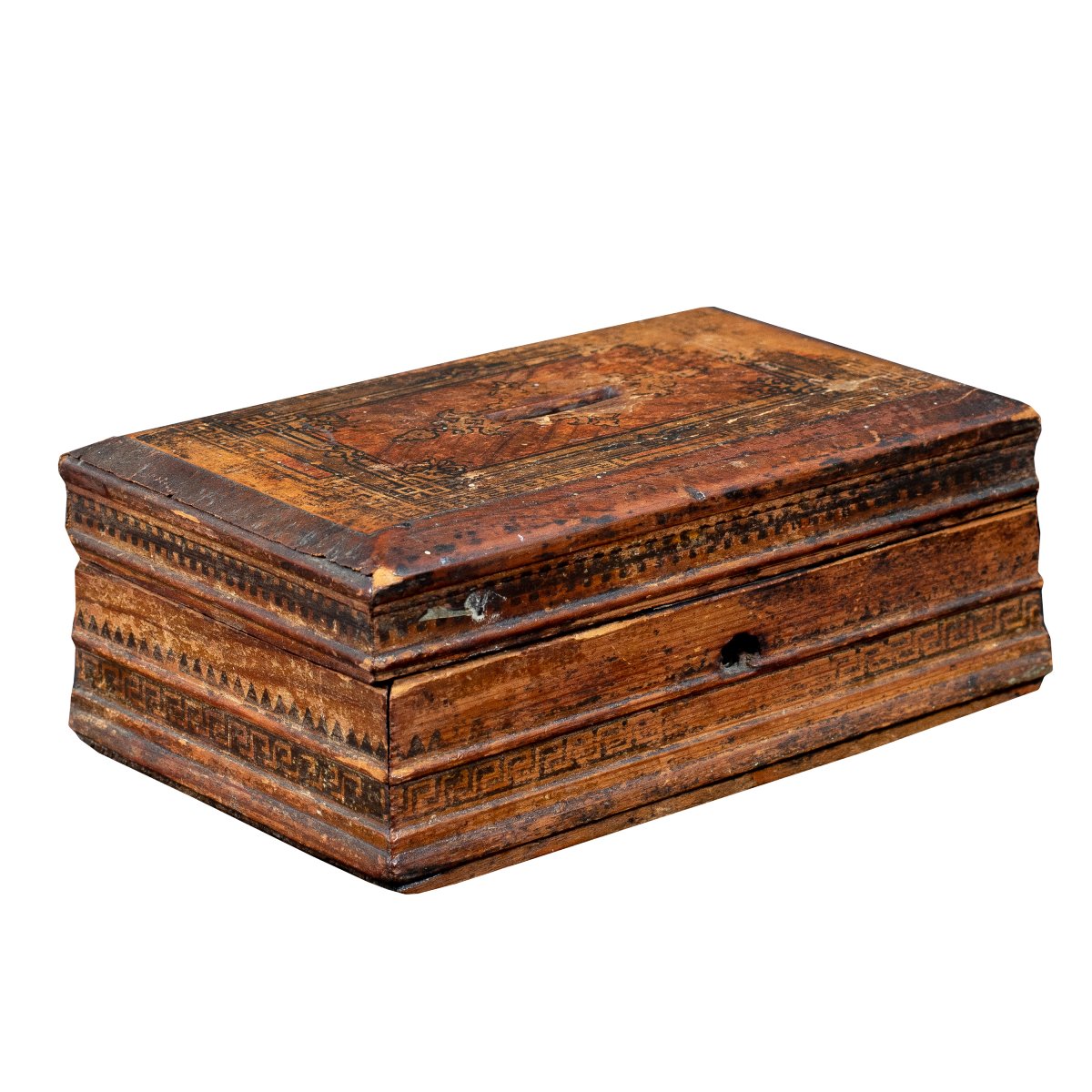 Cassettina portamonete in legno con decorazioni applicate. Italia, XIX secolo.