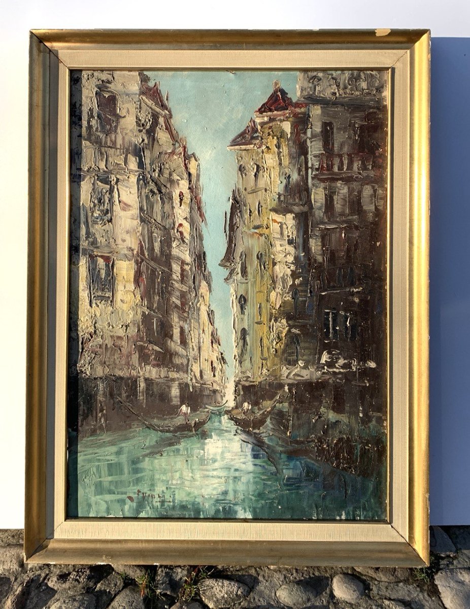 Pittore veneziano (inizio XX secolo) - Veduta di Venezia con canale e gondole.-photo-4