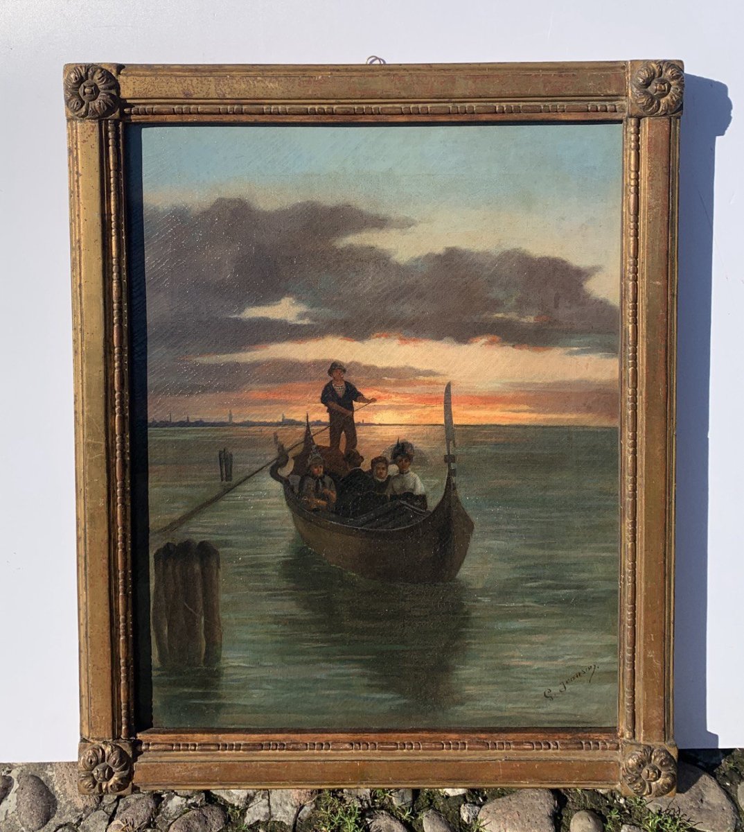 G. Jeanson (attivo a Venezia, XIX secolo) - Veduta della laguna di Venezia con gondola.-photo-4