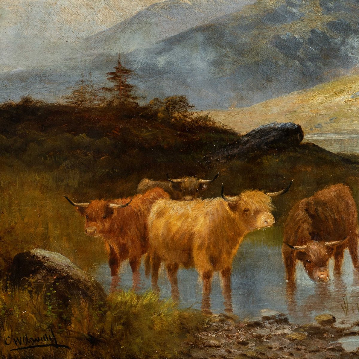 Pittore britannico (fine XIX secolo) — Paesaggio con mandria di Highland cattle al lago. -photo-2