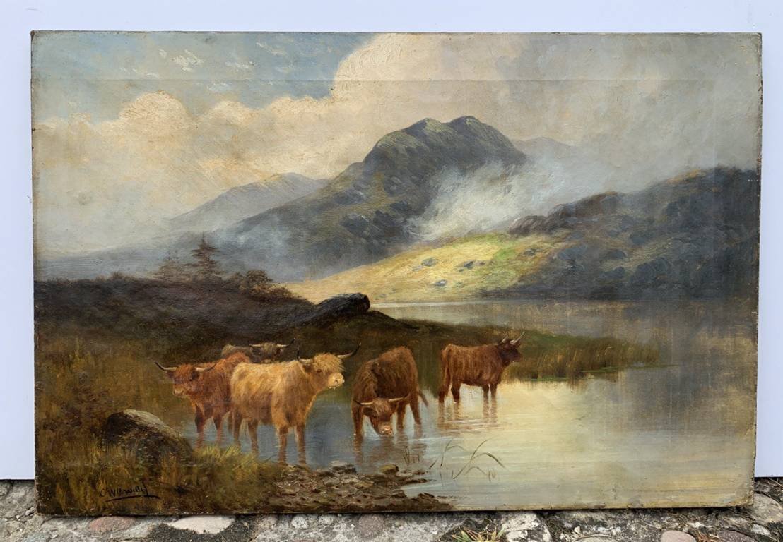Pittore britannico (fine XIX secolo) — Paesaggio con mandria di Highland cattle al lago. -photo-4