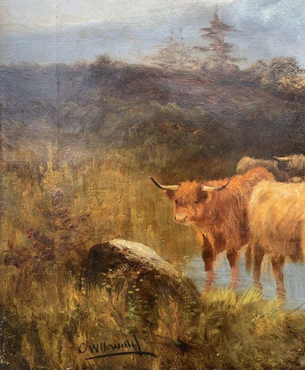 Pittore britannico (fine XIX secolo) — Paesaggio con mandria di Highland cattle al lago. -photo-2