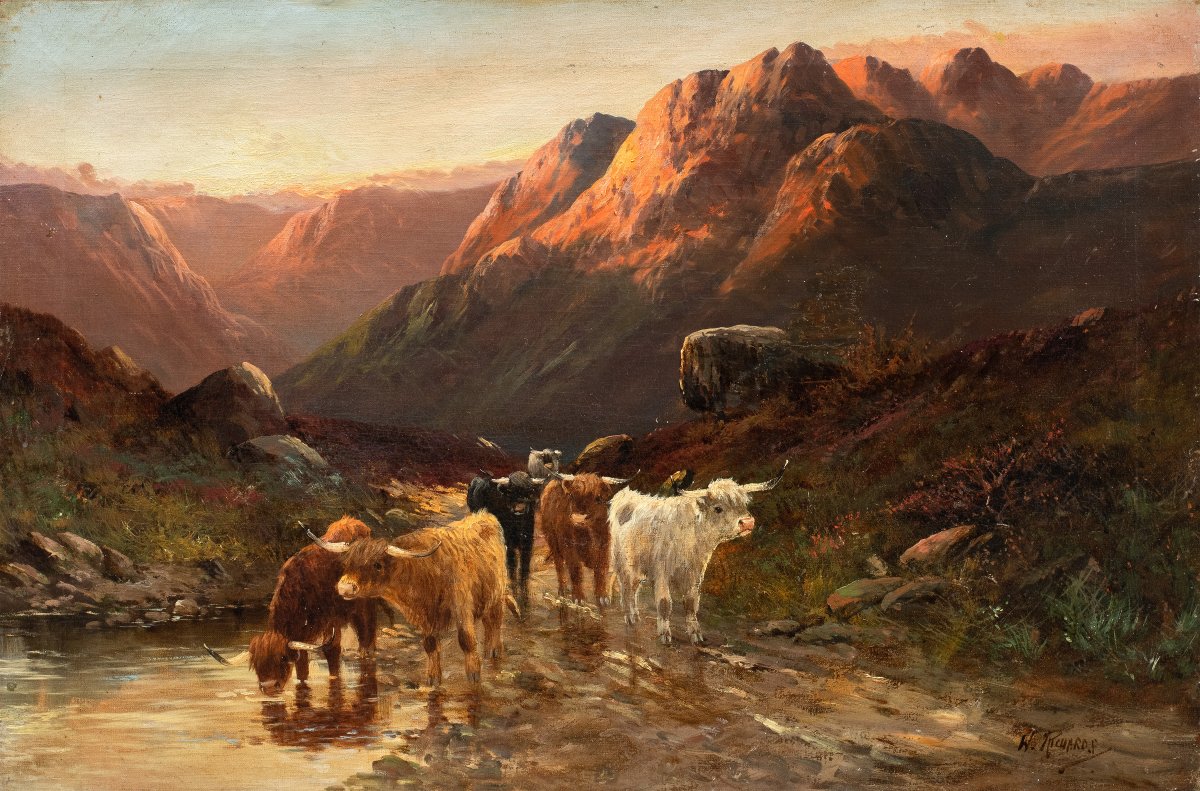 W. Richards (British, fine XIX secolo) — Paesaggio scozzese con mandria di Highland cattle.