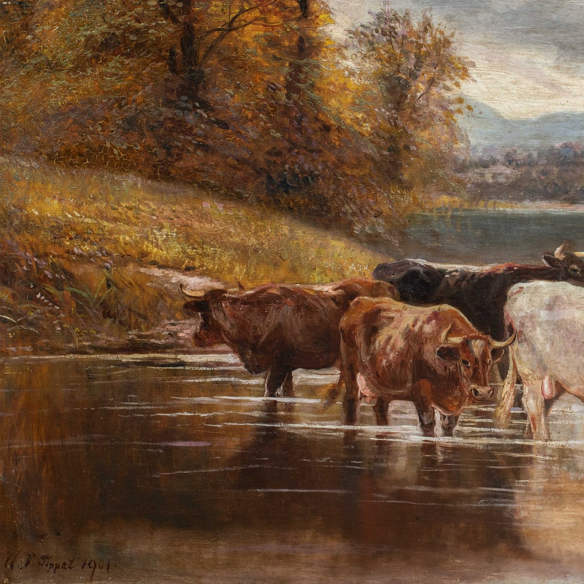 William Vivian Tippett (British, 1833 - 1910) - Paesaggio con bovini al guado.-photo-2
