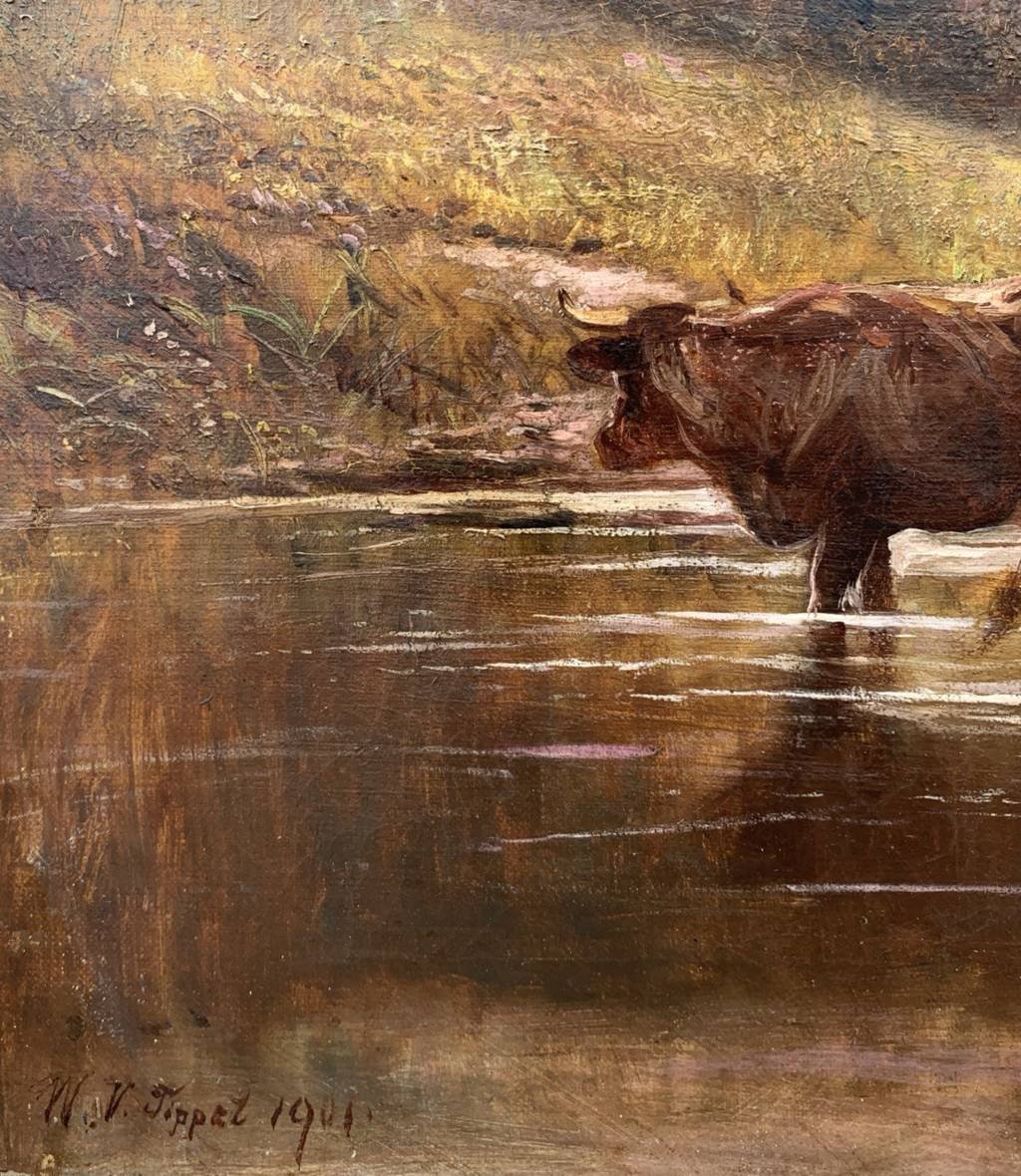 William Vivian Tippett (British, 1833 - 1910) - Paesaggio con bovini al guado.-photo-2