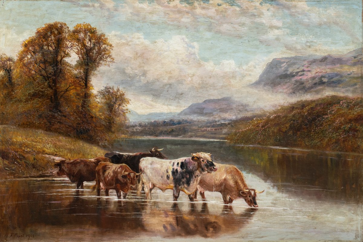 William Vivian Tippett (British, 1833 - 1910) - Paesaggio con bovini al guado.