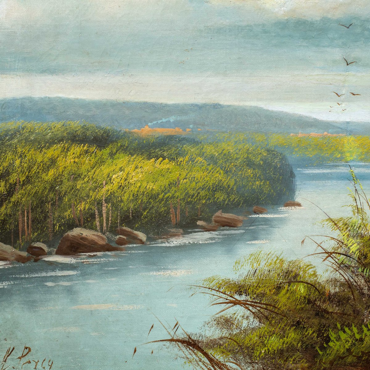 Sidney Richard Percy (Londra 1822 - Bedfordshire 1886) - Paesaggio fluviale con rondini in volo-photo-2