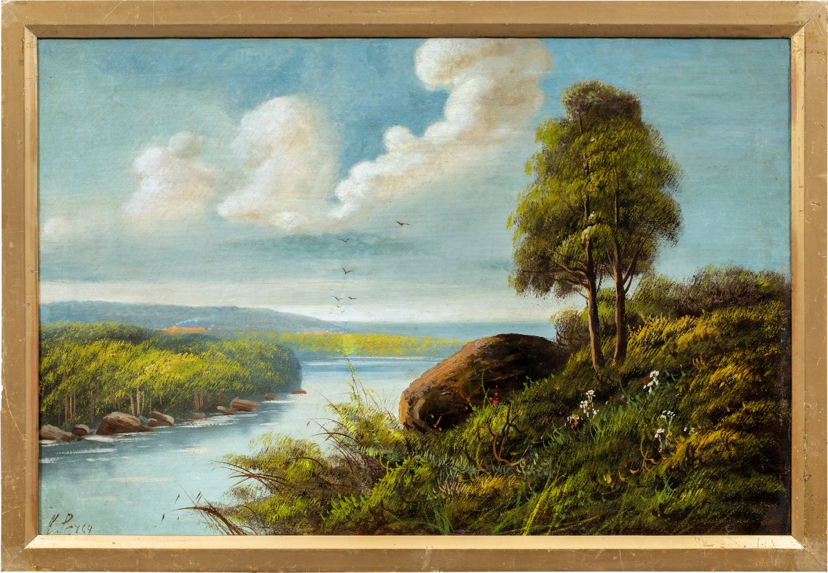 Sidney Richard Percy (Londra 1822 - Bedfordshire 1886) - Paesaggio fluviale con rondini in volo