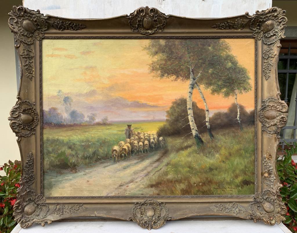 Pittore ungherese (XIX secolo) - Paesaggio con gregge al tramonto.-photo-1