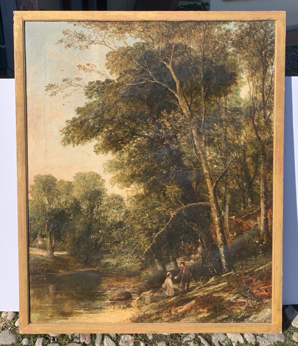 Pittore inglese (XIX sec.) - Paesaggio al fiume con pescatore e messaggero.-photo-4