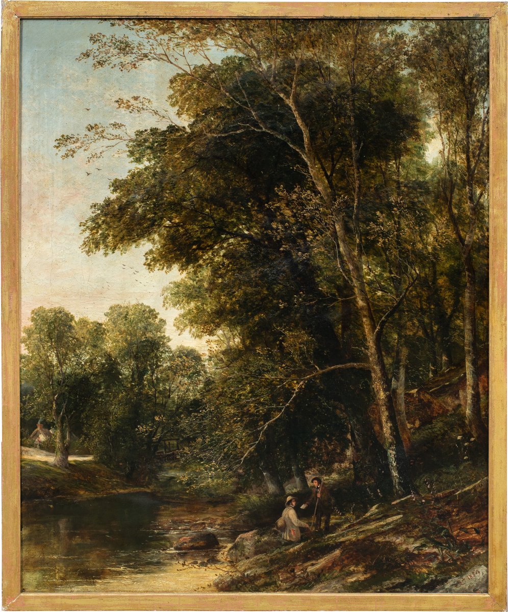 Pittore inglese (XIX sec.) - Paesaggio al fiume con pescatore e messaggero.