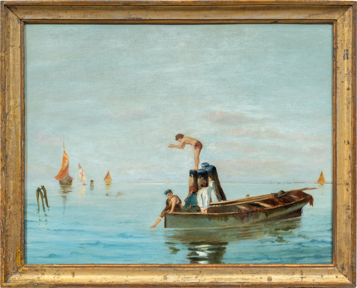 Pittore veneziano (XIX sec.) - Bagnanti in laguna.