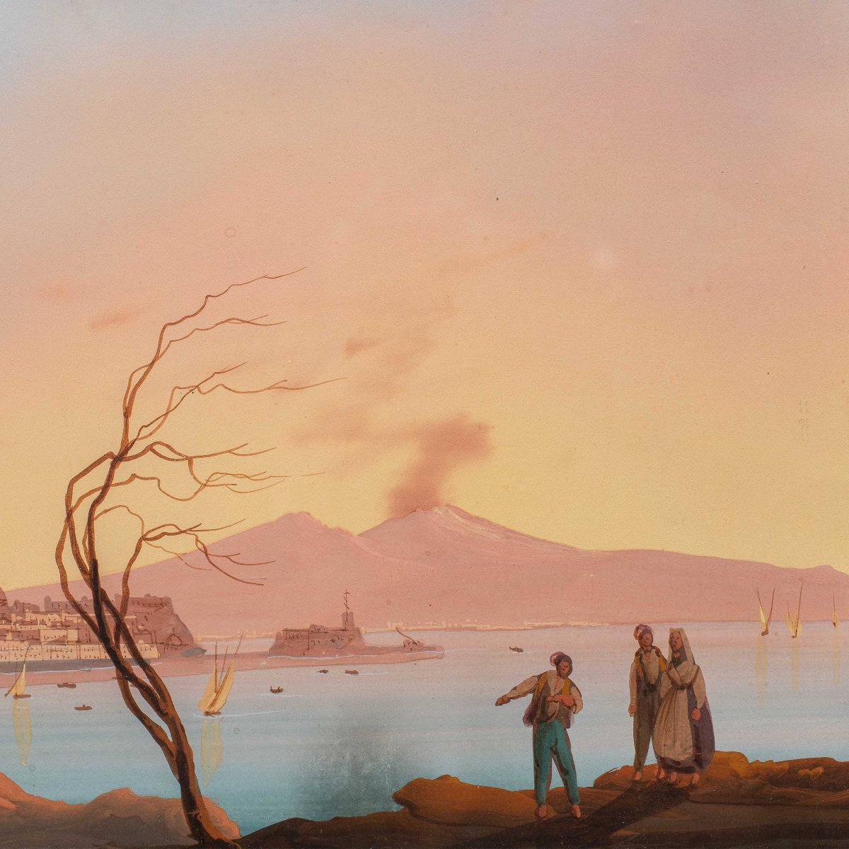 Pittore napoletano (XVIII-XIX sec.) - Veduta del Golfo di Napoli con il Vesuvio.-photo-2